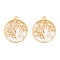 Rack Plating Alloy Enamel Pendants, Golden, Flat Round with Cat & Flower Charm, Misty Rose, 28x25x1.5mm, Hole: 2mm