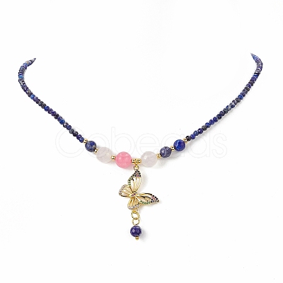 Colorful Cubic Zirconia Butterfly Pendant Necklace with Natural Mixed Gemstone Beaded Chains for Women NJEW-JN04169-1