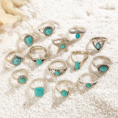 14Pcs 14 Styles Synthetic Turquoise Finger Rings PW-WG86BD8-01-1