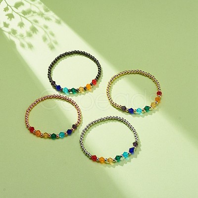 4Pcs 4 Color Glass Bicone & Brass Round Beaded Stretch Bracelets Set for Women BJEW-JB08712-1