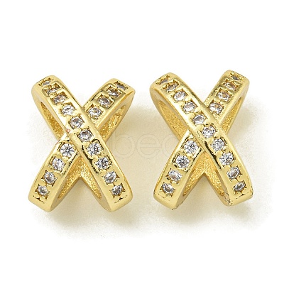 Letter X Rack Plating Brass Micro Pave Cubic Zirconia Europen Beads KK-K386-15G-01-1