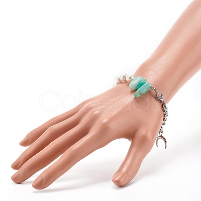 Natural Amazonite & Shell Pearl Beaded Bracelet for Girl Women X1-BJEW-TA00022-1