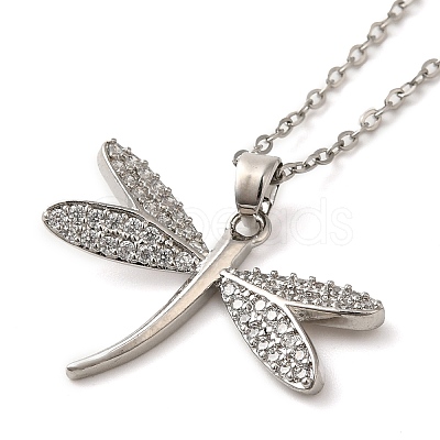 Brass Pave Clear Cubic Zirconia Dragonfly Pendant Necklaces NJEW-M080-03-1