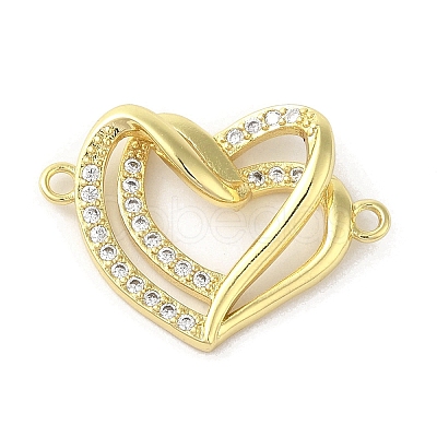 Rack Plating Brass Micro Pave  Clear Cubic Zirconia Double Heart Connector Charms KK-C052-41B-G-1