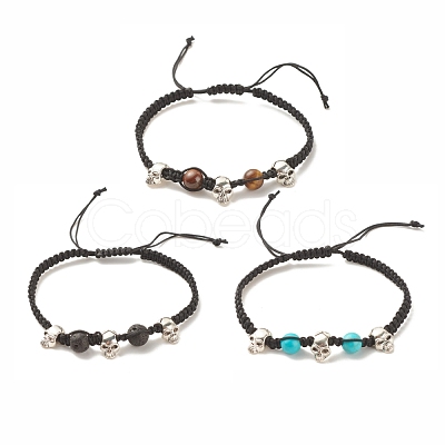 3Pcs Natural Tiger Eye & Lava Rock & Synthetic Turquoise Braided Bead Bracelets Set with Alloy Skull BJEW-JB08114-01-1