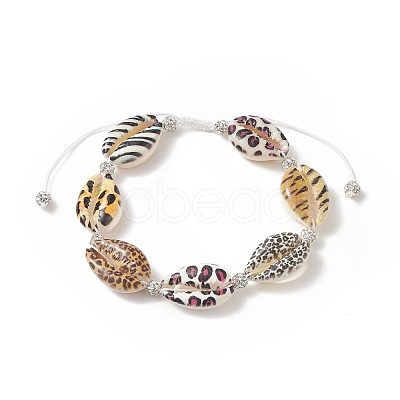 Animal Skin Printed Natural Cowrie Shell & Polymer Clay Braided Bead Bracelet with Rhinestone BJEW-JB09205-1