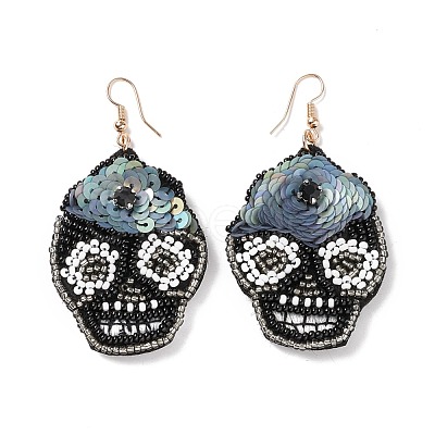 Halloween Skull Glass Seed Braided Big Dangle Earrings EJEW-B011-06A-1