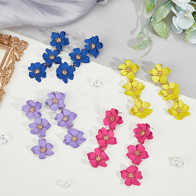 FIBLOOM 4 Pairs 4 Colors Alloy Flower Dangle Stud Earrings for Women EJEW-FI0002-99-1