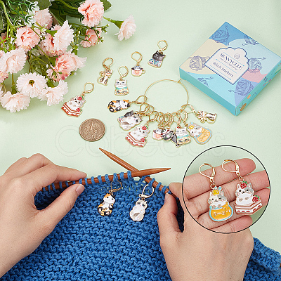 SUNNYCLUE 20Pcs 10 Style Alloy Enamel Cat Charm Locking Stitch Markers HJEW-SC0001-29-1