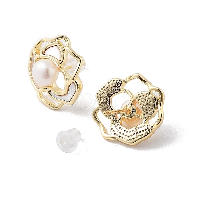 Natural Pearl Flower Stud Earrings with Shell EJEW-P256-61G-1