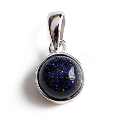 Rhodium Plated 925 Sterling Silver Pave Synthetic Blue Goldstone Half Round Charms G-NH0001-12C-1