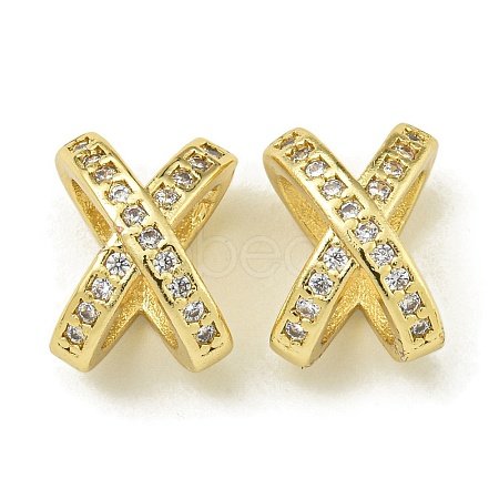 Letter X Rack Plating Brass Micro Pave Cubic Zirconia Europen Beads KK-K386-15G-01-1