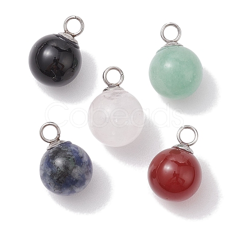 5Pcs 5 Styles Natural Rose Quartz & Blue Spot Jasper & Black Stone & Agate & White Jade Round Ball Charms PALLOY-JF02619-S-1