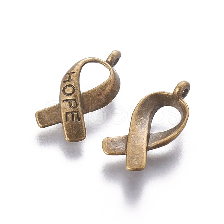 Breast Cancer Awareness Ribbon Carved Word Hope Tibetan Style Alloy Message Pendants TIBEP-S278-AB-FF-1