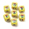 Opaque Acrylic Beads, Cube with Flower, Yellow, 14x14x14mm, Hole: 4mm