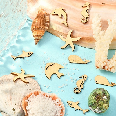 100Pcs Sea Theme Wood Canochons WOOD-CJ0001-61-1