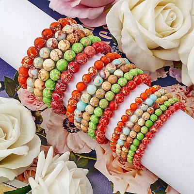 3Pcs 3 Size Synthetic Imperial Jasper Round Beaded Stretch Bracelets Set BJEW-SW00064-26-1