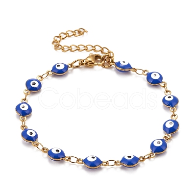 Enamel Oval with Evil Eye Link Chains Bracelet BJEW-P271-04G-04-1