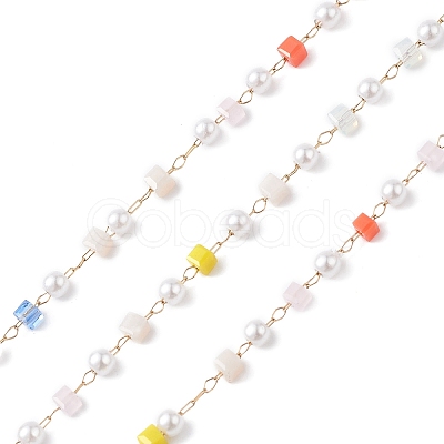 Cube & Round Glass & ABS Imitation Pearl Beaded Chains CHS-P016-43G-03-1