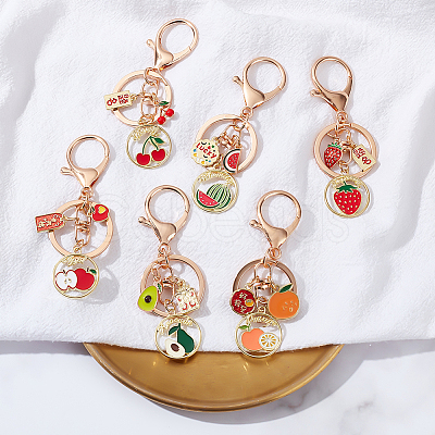 DELORIGIN 6Pcs 6 Style Fruit Alloy Enamel Pendant Keychain with Lucky Charm KEYC-DR0001-08-1