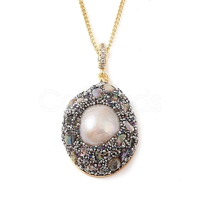 Brass Natural Pearl Pendant Necklaces NJEW-L119-04G-1