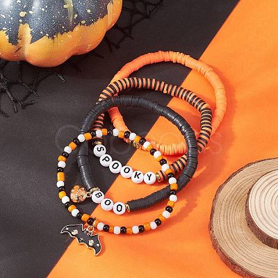 4Pcs 4 Style Polymer Clay Heishi Surfer Stretch Bracelets Set wtih Alloy Enamel Bat Pumpkin Charms BJEW-TA00270-1