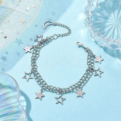 Star & Moon 304 Stainless Steel Charm Bracelets BJEW-JB10366-1