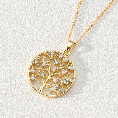 18K Gold Plated Tree of Life Pendant Necklace with CZ Stones Circle Cutout ST0008405-1