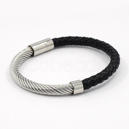 Fashionable Unisex Stainless Steel Braided Leather Cord Magnetic Clasps Bracelets X-BJEW-L237-06-1