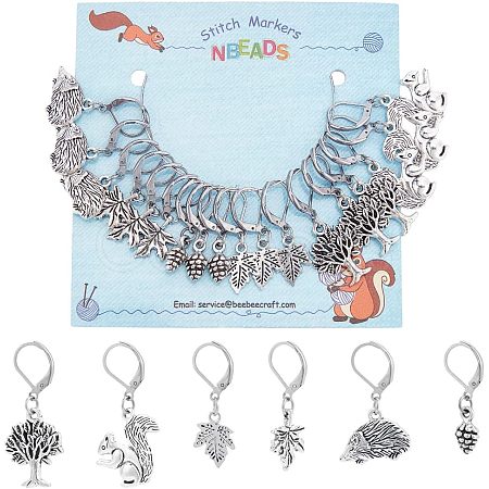 18Pcs 6 Style Hedgehog & Squirrel & Leaf & Pine Cone Tibetan Style Charms Locking Stitch Marker HJEW-PH01552-1