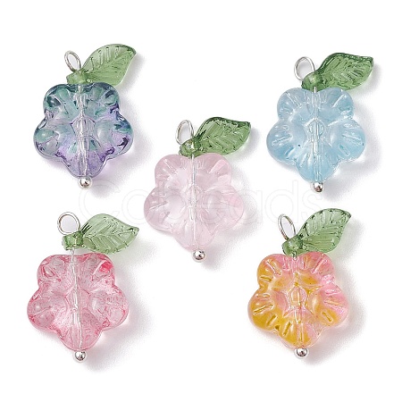 Transparent Glass Flower & Acrylic Leaf Pendants PALLOY-JF02287-01-1