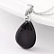 Teardrop Platinum Tone Brass Black Agate Pendants, 23x13~14x6~8mm, Hole: 5x8mm