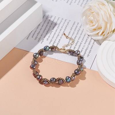 Natural Pearl & Glass Braided Beaded Bracelet BJEW-JB08091-03-1