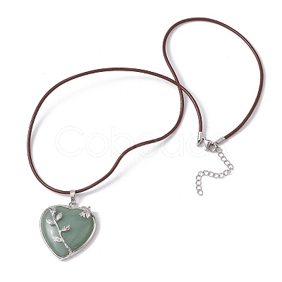 Natural Green Aventurine Heart Pendant Necklace with Cowhide Leather Cords NJEW-JN04598-03-1