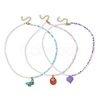 3Pcs 3 Style Alloy Enamel Pendant Necklaces Set with Glass Seed Beaded Chains NJEW-JN04457-1