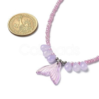 Glass Whale Tail Pendant Necklace with Beaded Chains NJEW-JN04351-1