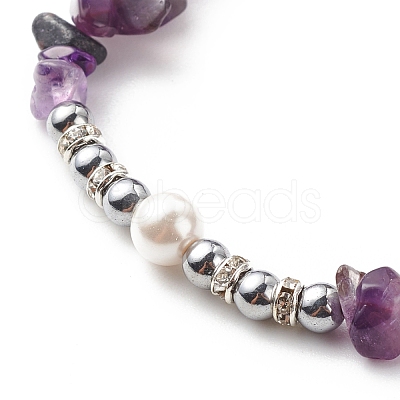 Natural Gemstone Chips & Shell Pearl & Synthetic Hematite Braided Bead Bracelet BJEW-JB08471-1