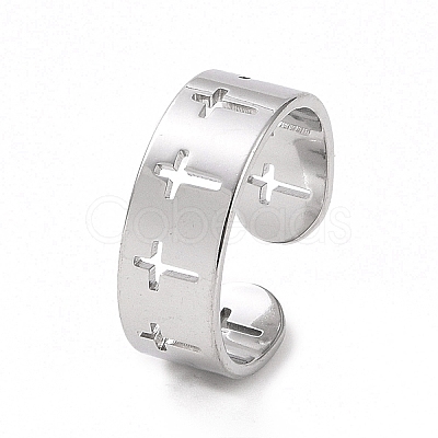 Non-Tarnish 304 Stainless Steel Hollow Out Cross Open Cuff Ring for Women RJEW-C053-02P-1