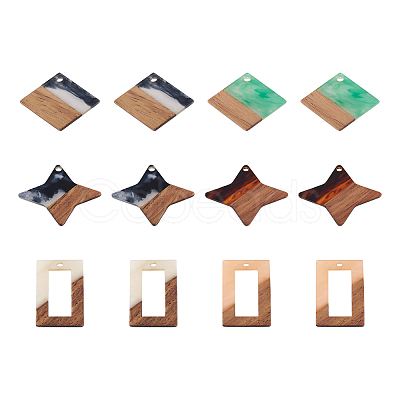 Cheriswelry 12Pcs 6 Styles Transparent Resin & Walnut Wood Pendants RESI-CW0001-14-1