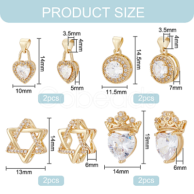 BENECREAT 8Pcs 4 Style Brass Micro Pave Cubic Zirconia Pendants KK-BC0010-33-1