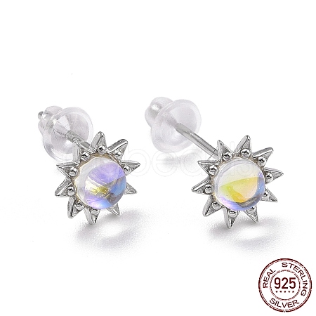 Anti-Tarnish Rhodium Plated 925 Sterling Silver Sunflower Stud Earring Findings EJEW-M202-03P-1