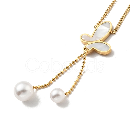 Synthetic White Shell Heart with Plastic Pearl Pendant Necklace NJEW-G036-06G-1