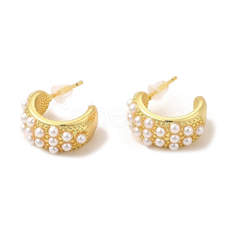 Rack Plating C-Shaped Brass Stud Earrings with Plastic Imitation Pearl Beaded for Women EJEW-G342-06G-1