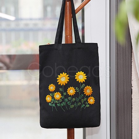 DIY Wild Chrysanthemum Pattern Black Canvas Tote Bag Embroidery Kit PW23050603691-1
