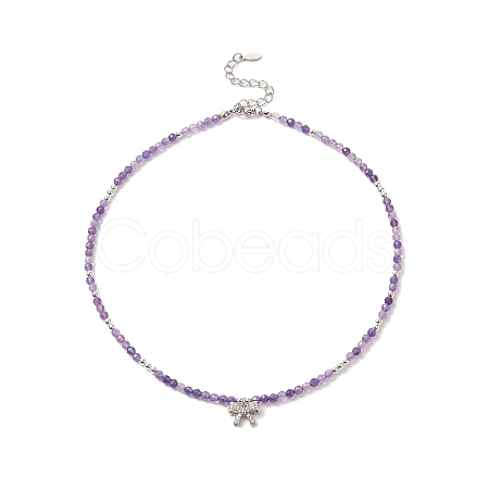 Clear Cubic Zirconia Bowknot Pendant Necklace with Natural Amethyst Beaded Chains for Women NJEW-JN04271-03-1