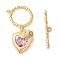 Brass Toggle Clasps, with Glass, Heart, Purple, Real 18K Gold Plated, 4x26.5x1.5mm, Hole: 1.6mm, Ring: 15x17.5x2mm, Hole: 1.4mm, Pendant: 16.5x13.5x7.5mm