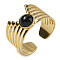 Natural Black Agate Finger Rings, 304 Stainless Steel Multi-layer Open Cuff Rings, Real 18K Gold Plated, 13.5mm, Adjustable