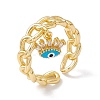 Clear Cubic Zirconia Evil Eye Charm Open Cuff Ring with Enamel RJEW-I086-05G-2