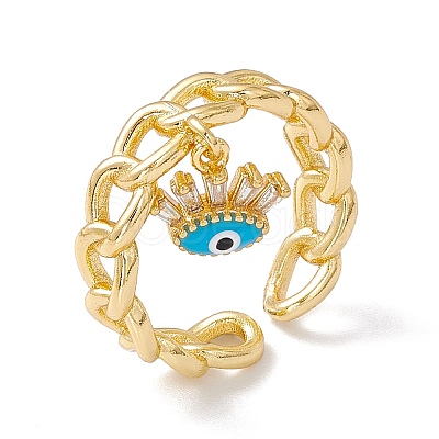 Clear Cubic Zirconia Evil Eye Charm Open Cuff Ring with Enamel RJEW-I086-05G-1