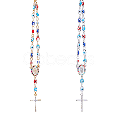 DICOSMETIC 2Pcs 2 Colors Alloy Rhinestone Cross Charm Bracleet with Colorful Resin Evil Eye Beaded Chains BJEW-DC0001-07-1